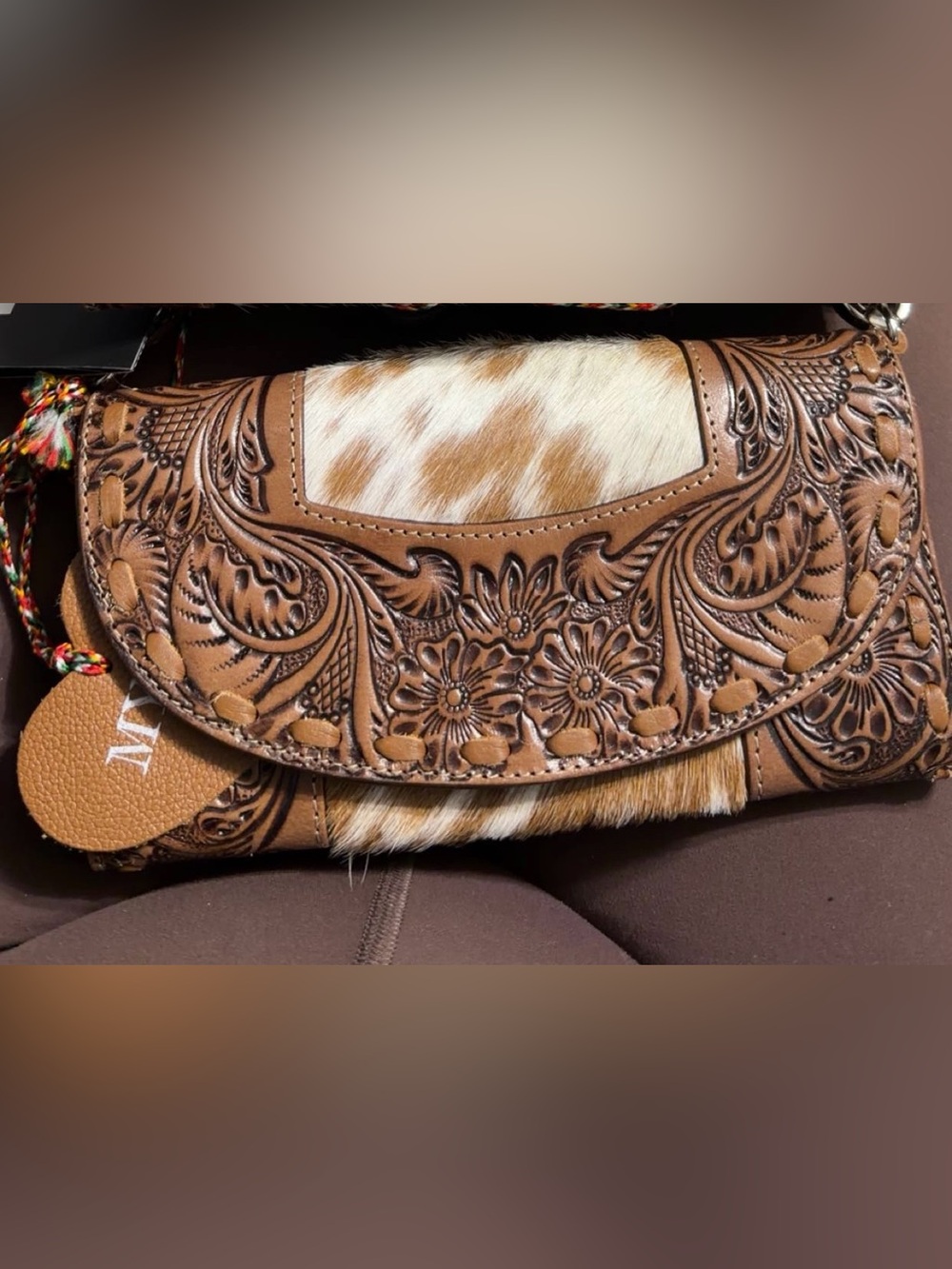 NWT Myra Wallet Brown & White Tooled Leather with Cowhide